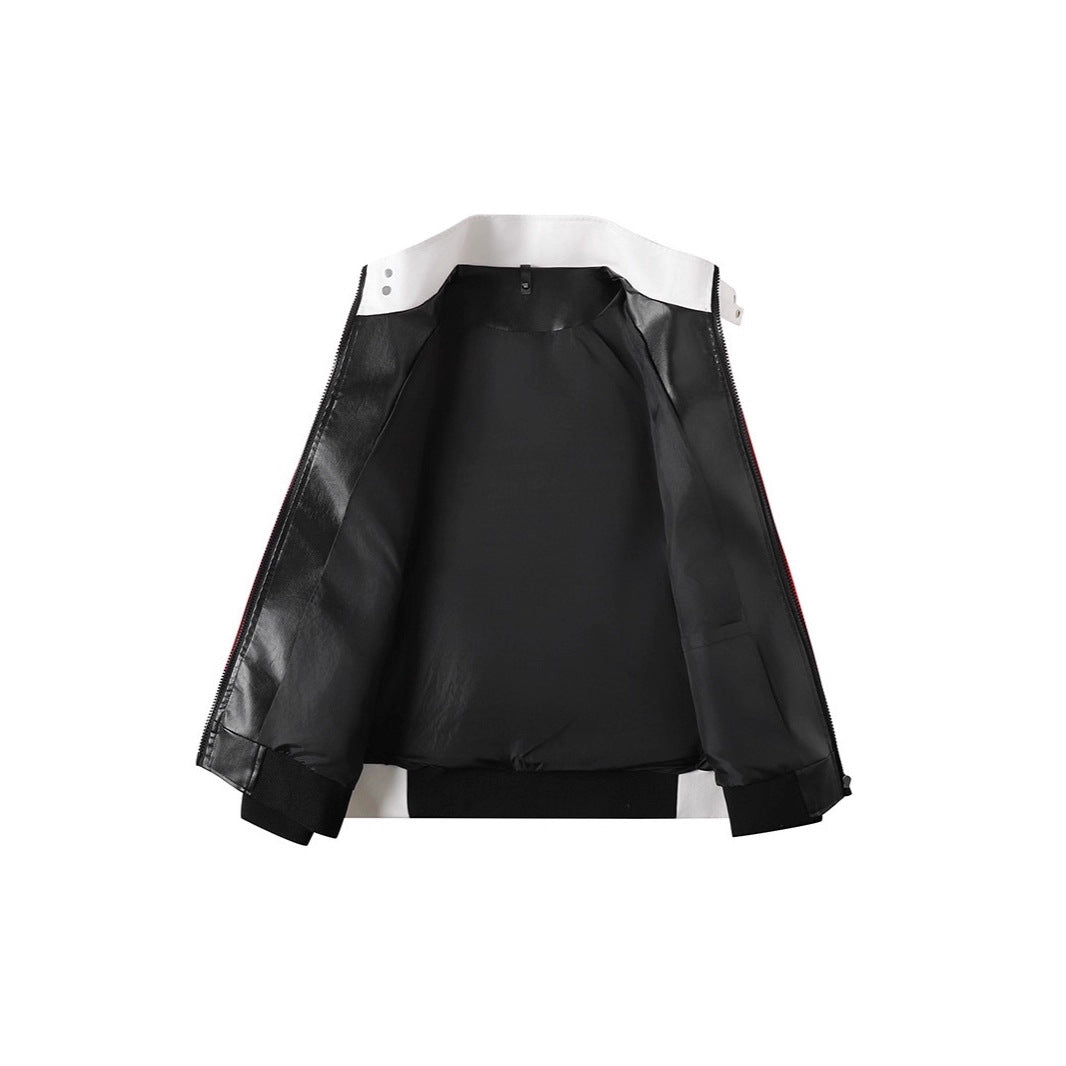 Men's Colorblock Faux Leather Bomber Jacket with Stand Collar and Double-Sided Zipper Chichicherry
