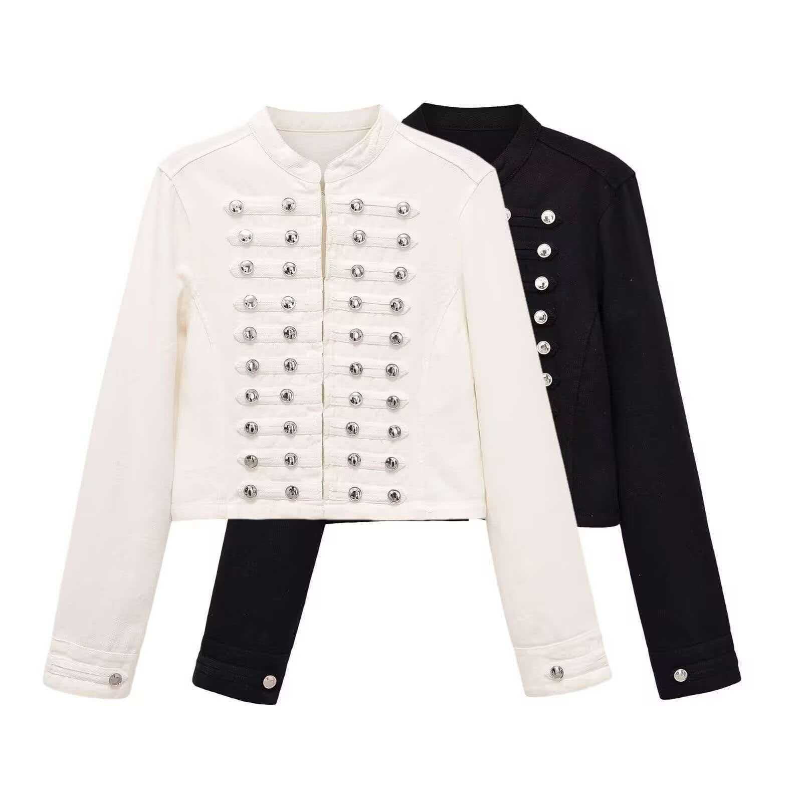 Women’s denim jacket in military style with row buttons and stand-up collar Chichicherry