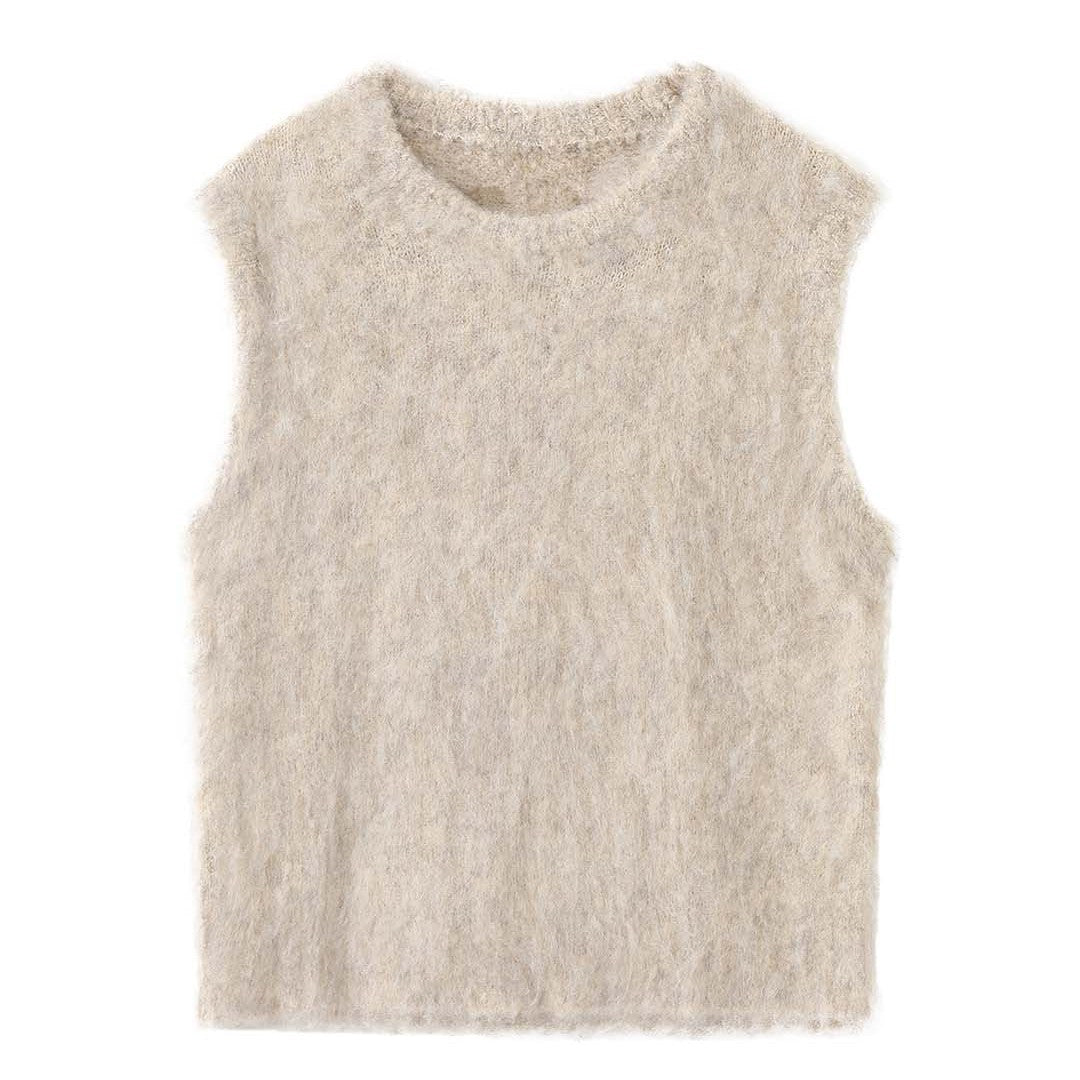 Women Fluffy Sleeveless Boxy Knit Vest with Soft Mohair Effect Chichicherry