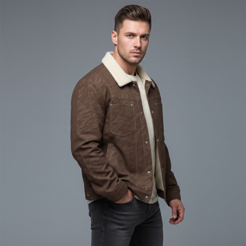 Men's Casual Sherpa-Lined Trucker Jacket with Faux Fur Collar Chichicherry