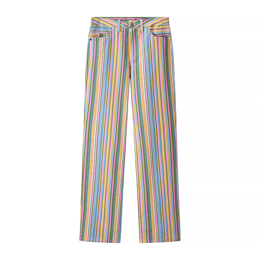 Women's Striped Straight Cut Pants with High Waist and Five-Pocket Design Chichicherry