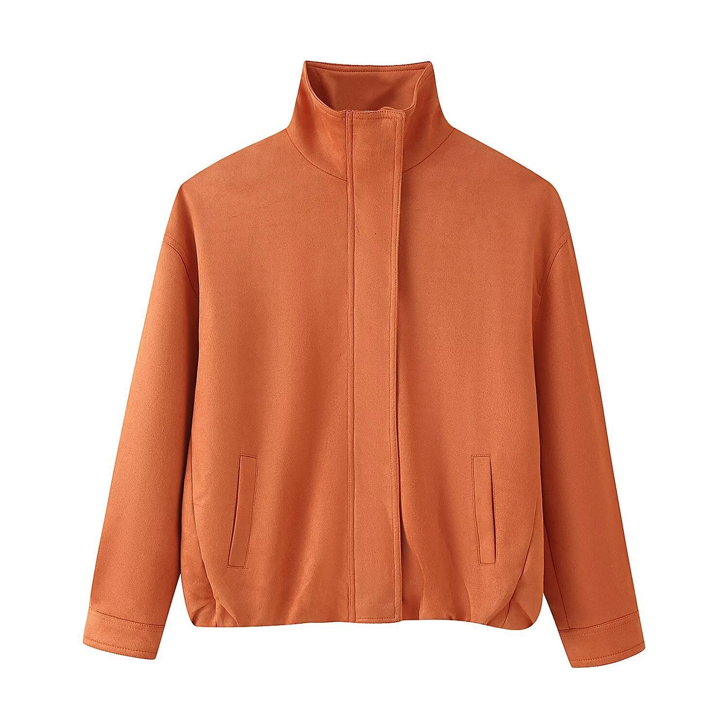 Women's Boxy Short Jacket with High Stand Collar and Concealed Zipper Chichicherry