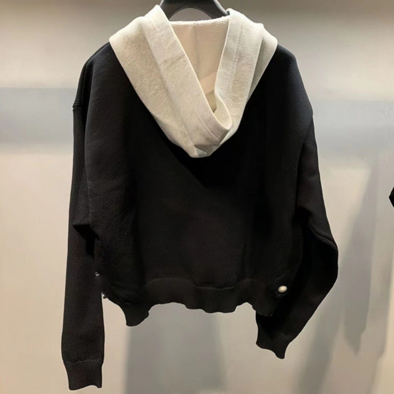 Unisex Grobgestricktes Lagenlook-Sweatshirt mit Kontrastkapuze und Kängurutasche Chichicherry