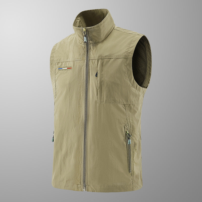 Men's Lightweight Windproof Utility Vest with High Collar, Zip Pockets and Breathable Mesh Lining Chichicherry