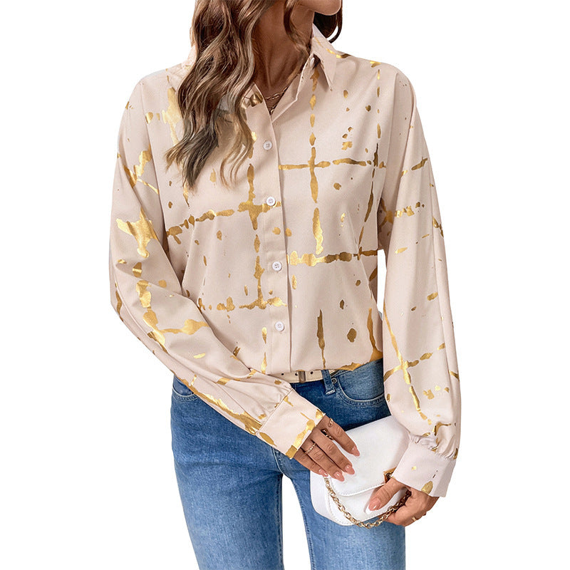 Women's shirt blouse with metallic print and relaxed fit