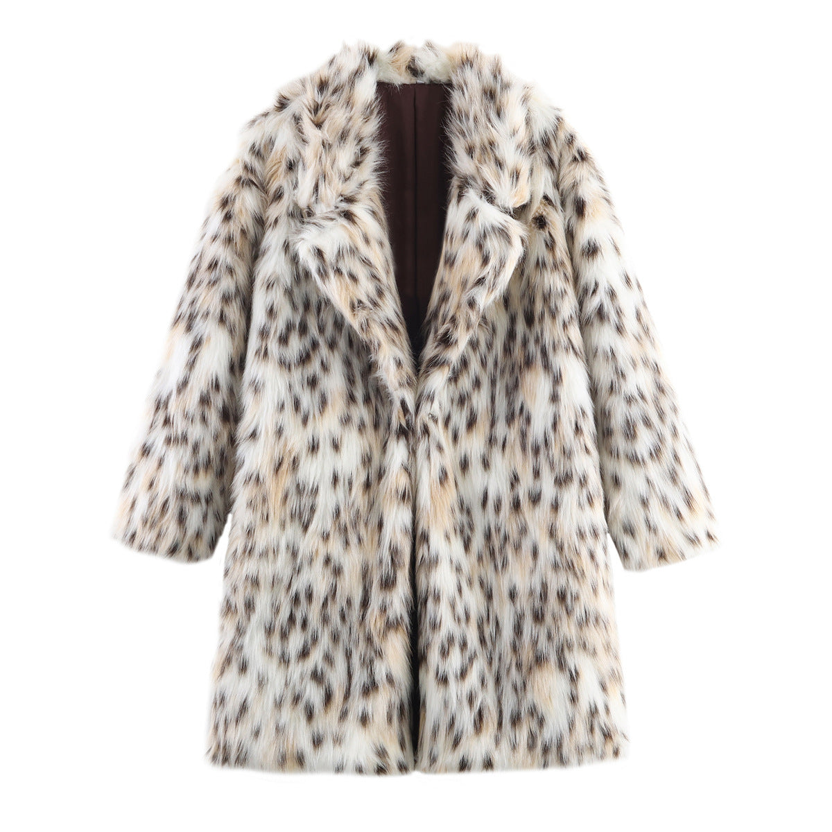 Women's midi coat made of faux fur with leopard print, oversized fit and shawl collar Chichicherry