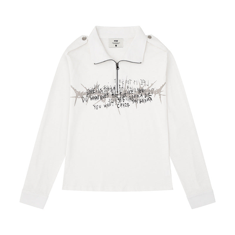 Women's long sleeve polo shirt with short zipper, shoulder pads and statement print Chichicherry