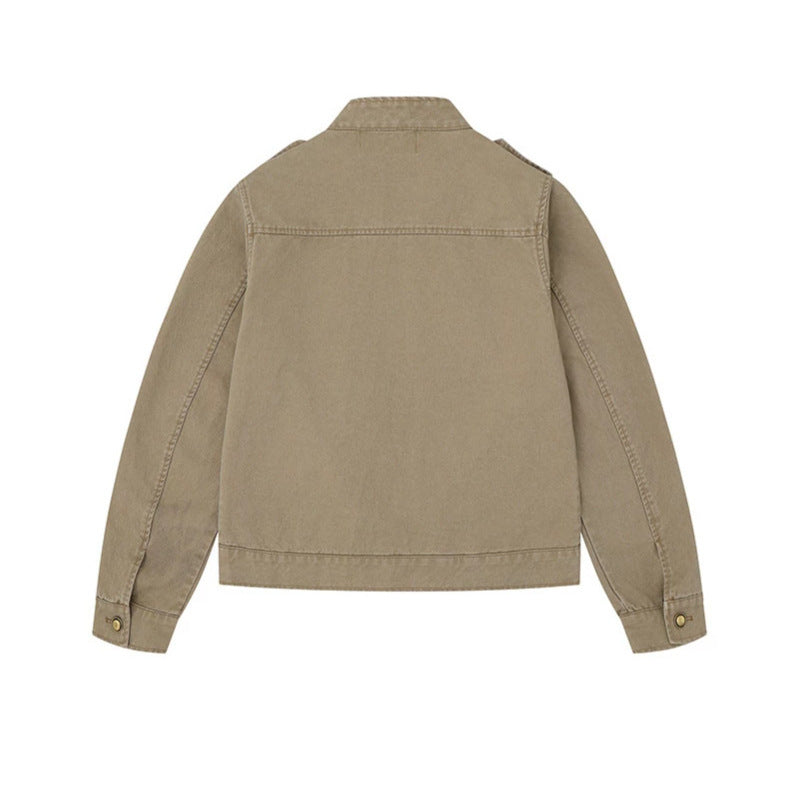 Women's military-inspired cotton canvas jacket with stand-up collar, decorative button plackets, and shoulder epaulets Chichicherry