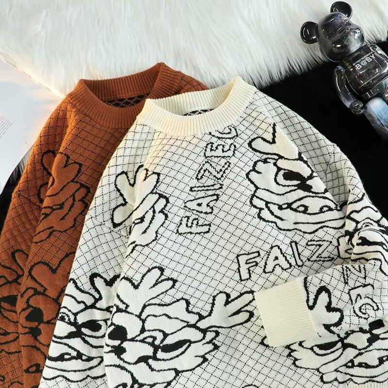 Unisex Oversized Jacquard-Strickpullover mit Allover-Motiv und Rippbündchen Chichicherry