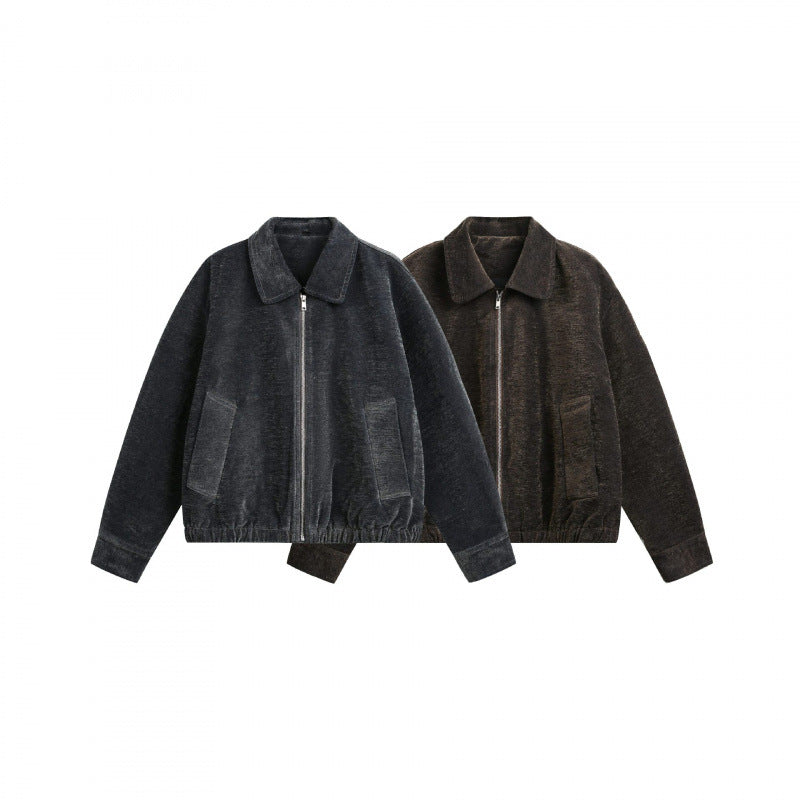 Men's short jacket made of teddy fleece with shirt collar, zipper, and elastic hem Chichicherry