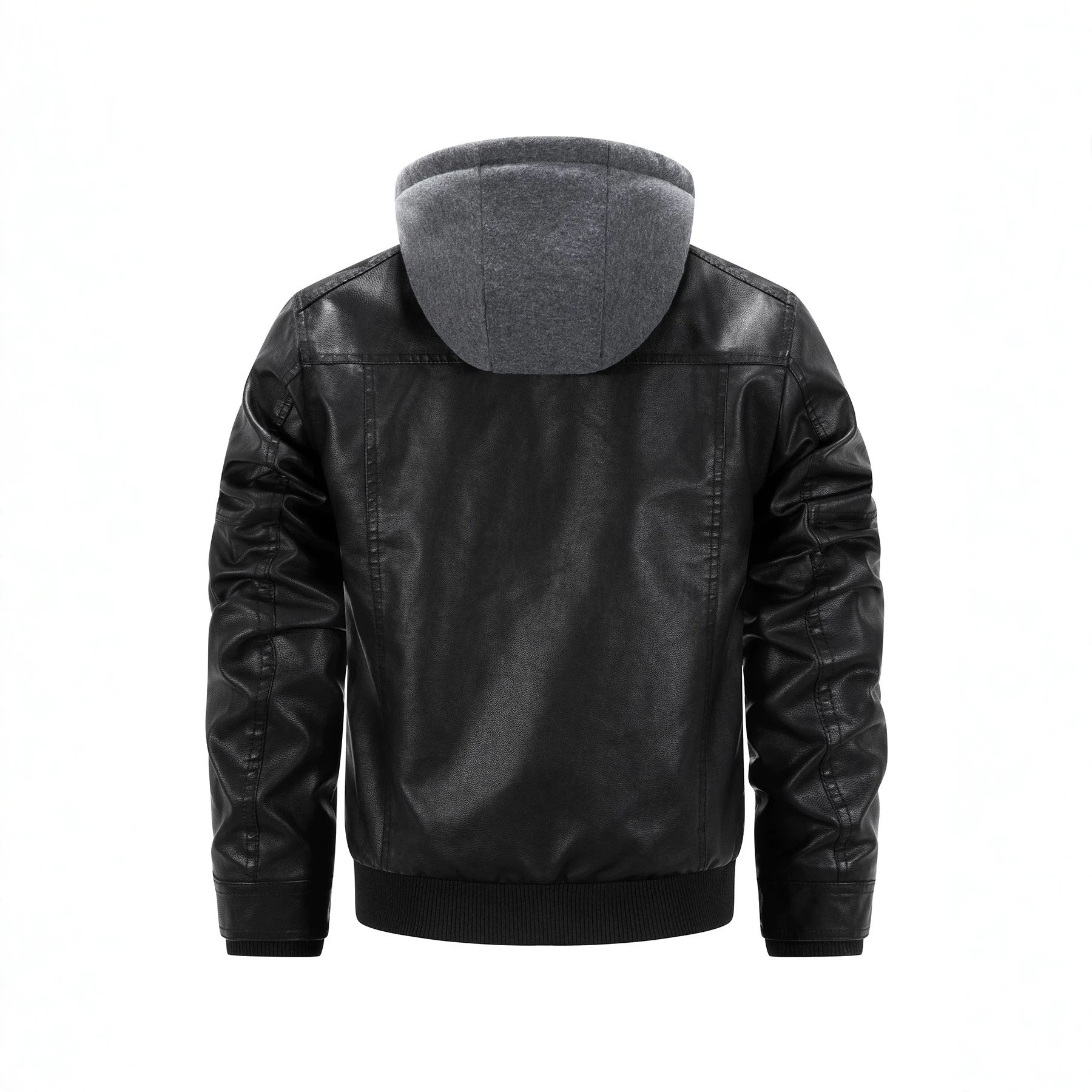 Men's Faux Leather Biker Jacket with Removable Hood Panel and Quilted Side Panels Chichicherry