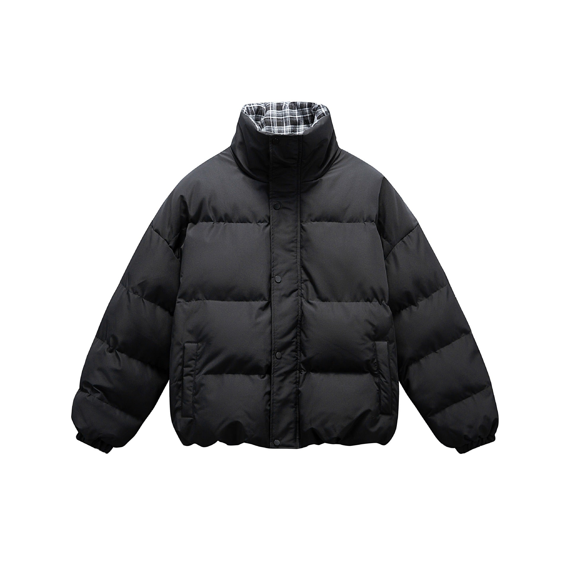 Unisex short boxy padded insulation jacket with extra high stand-up collar and checked lining Chichicherry