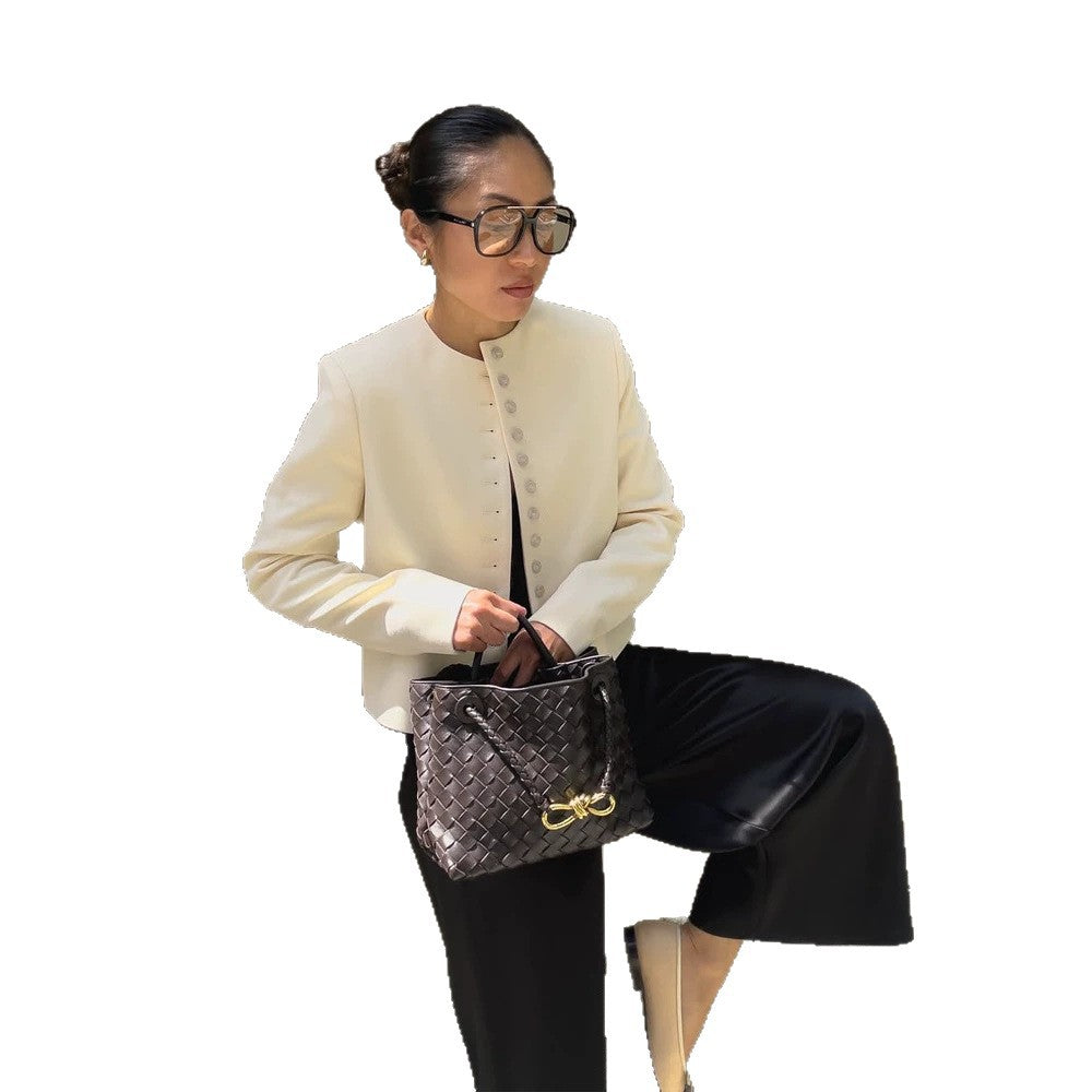 Women Elegant fitted short blazer with standing collar and decorative button placket Chichicherry