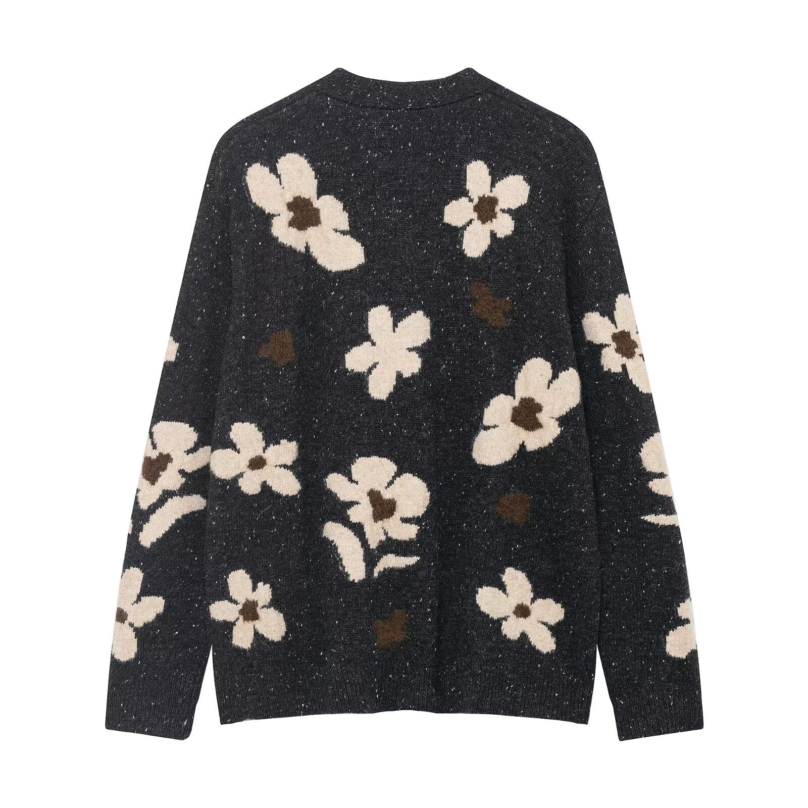 Women's Short Cardigan with Leopard Print and Pearl Flower Buttons Chichicherry