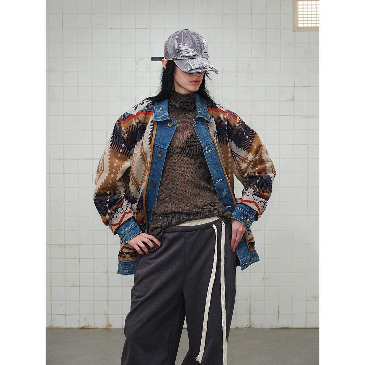 Unisex Loose-Fitting Jacquard Liner Jacket with Denim Trim and Graphic Ethno Pattern Chichicherry