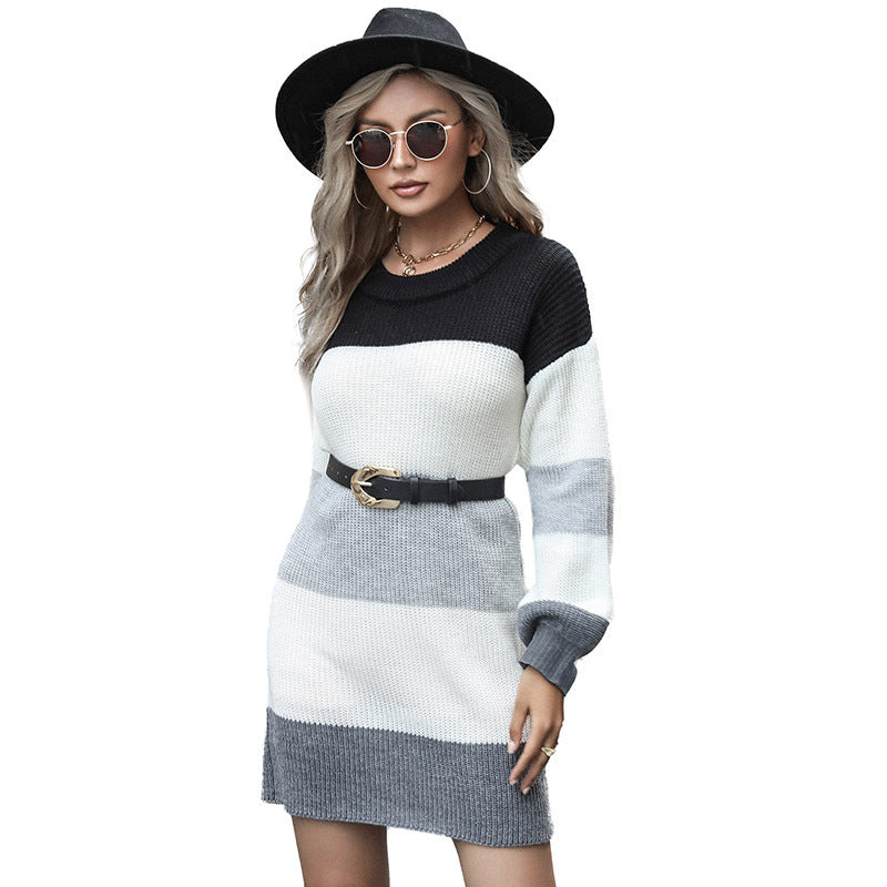 Women's knit mini dress with block stripes, oversized sleeves and figure-enhancing waist belt Chichicherry