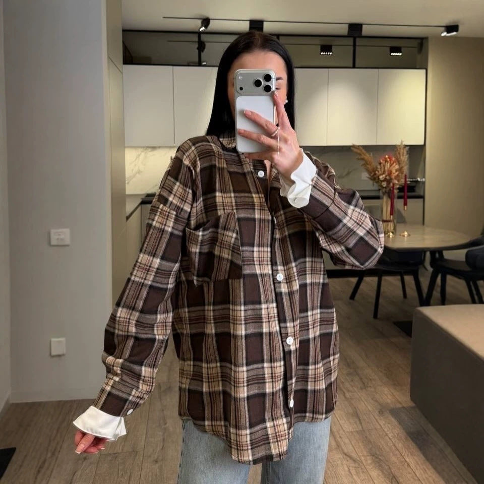 Damen Kariertes Flanell-Overshirt mit Hemdblusenkragen, Relaxed-Fit und aufgesetzter Brusttasche Chichicherry