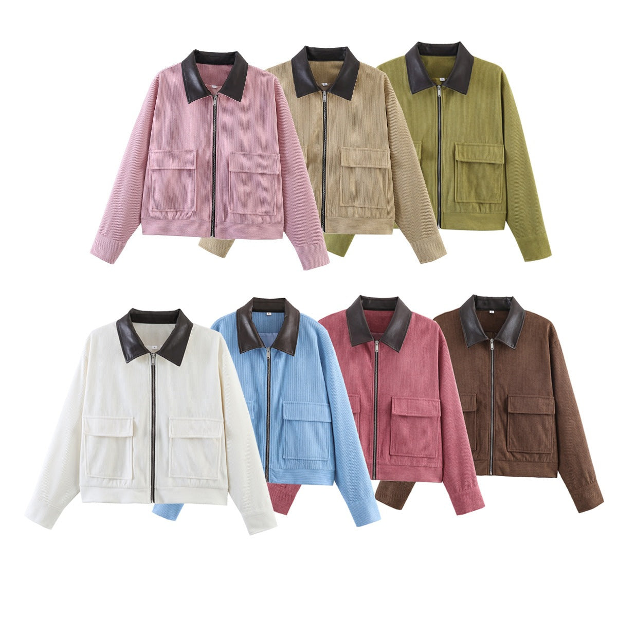 Women Ribbed Short Jacket with Zipper, Patch Pockets and Contrast Faux Leather Collar Chichicherry