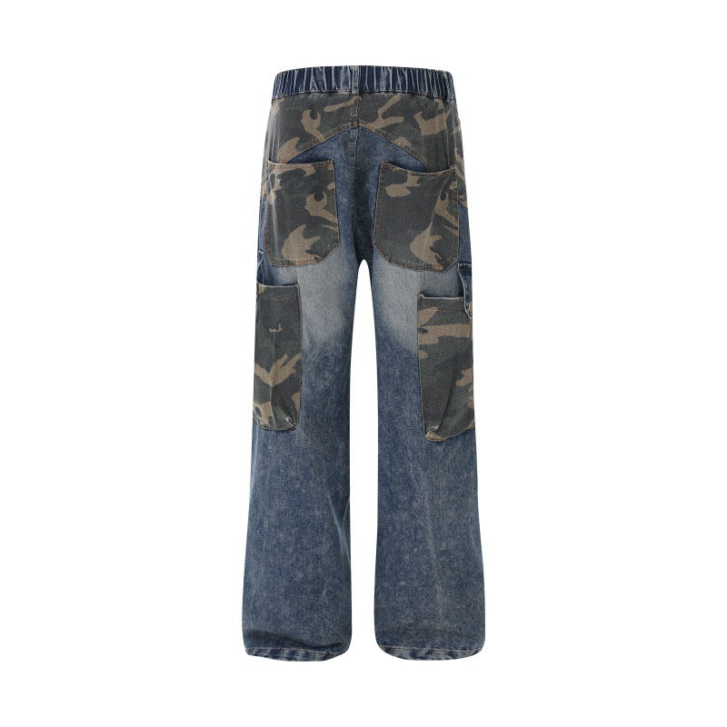 Women Wide High-Waist Denim Cargo Pants with Camouflage Inserts Chichicherry