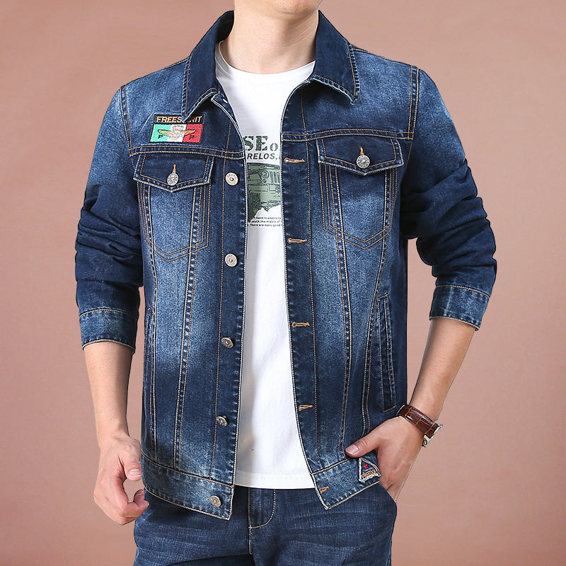 Men's jeans jacket in vintage look with patches and printed lining Chichicherry