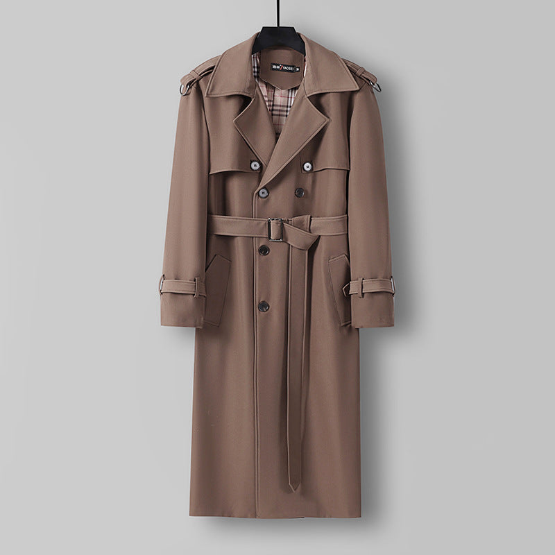 Women Elegant long cut wool blend trench coat with double-breasted button placket and belt Chichicherry