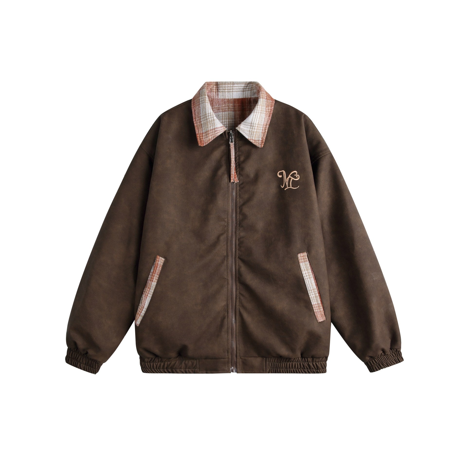 Women's short cut boxy jacket in suede look with checked collar and elastic hem Chichicherry