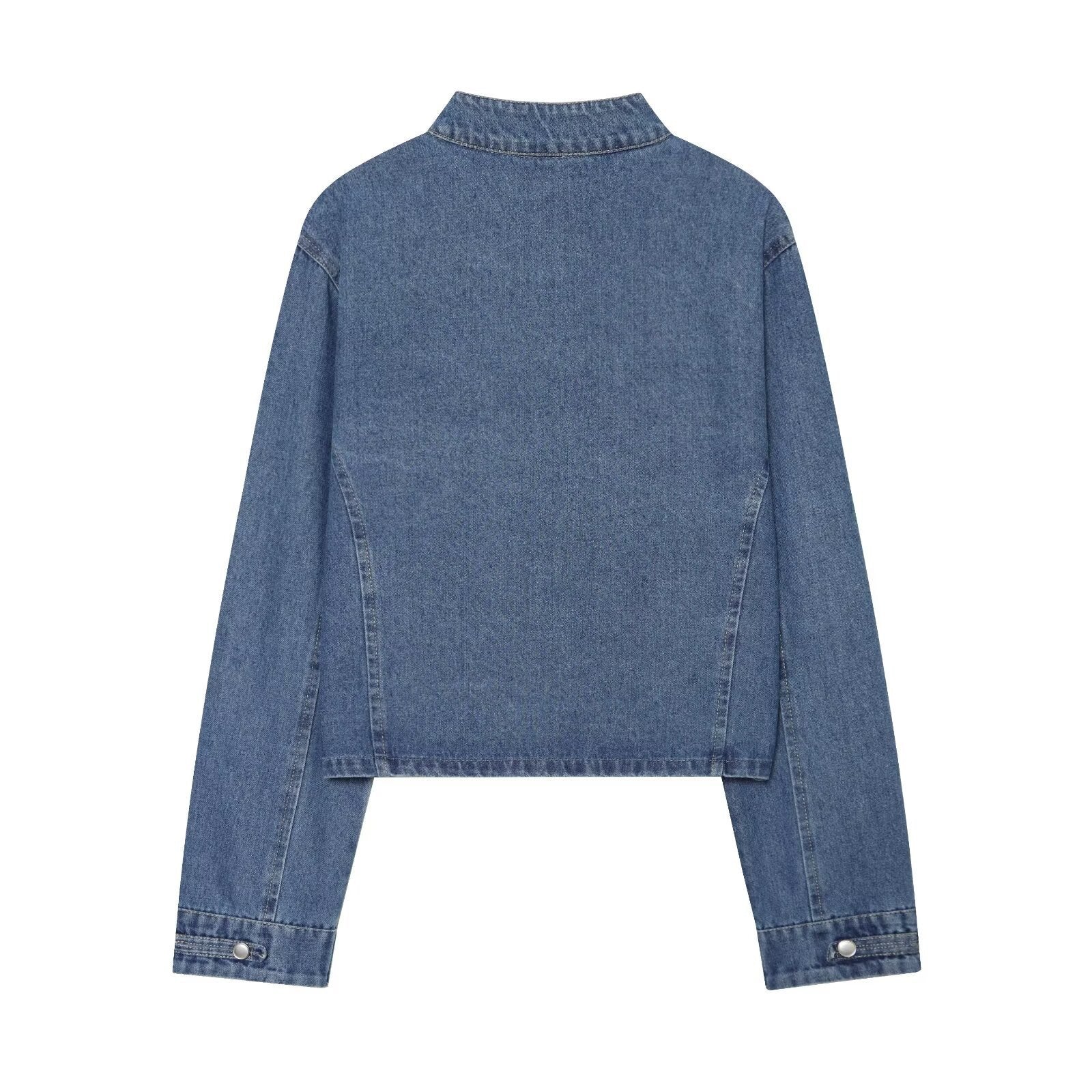 Ladies short cut denim jacket in military style with stand-up collar and decorative button rows Chichicherry