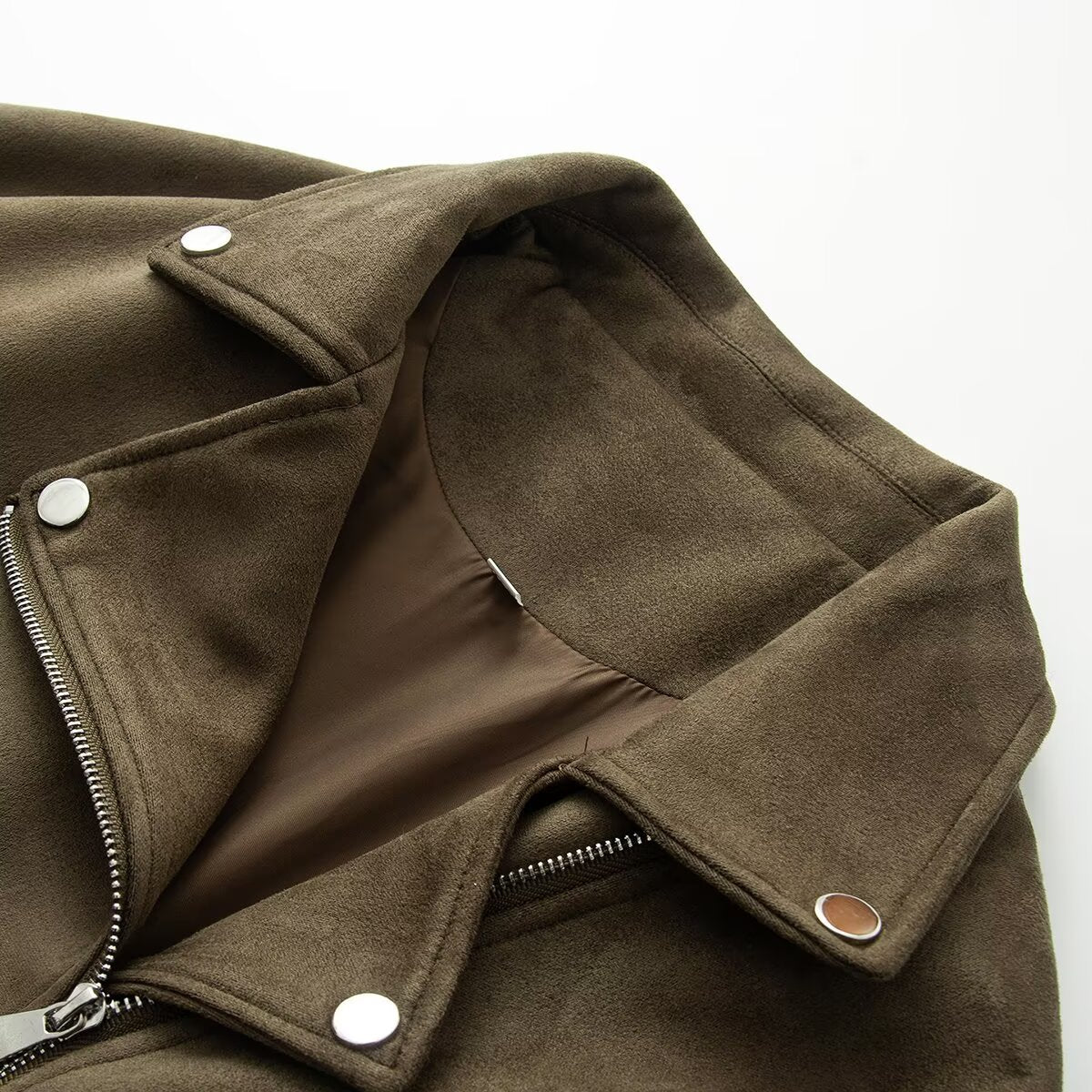 Women Asymmetrical Suede Leather Look Biker Jacket with Stand-Up Collar and Zippers Chichicherry