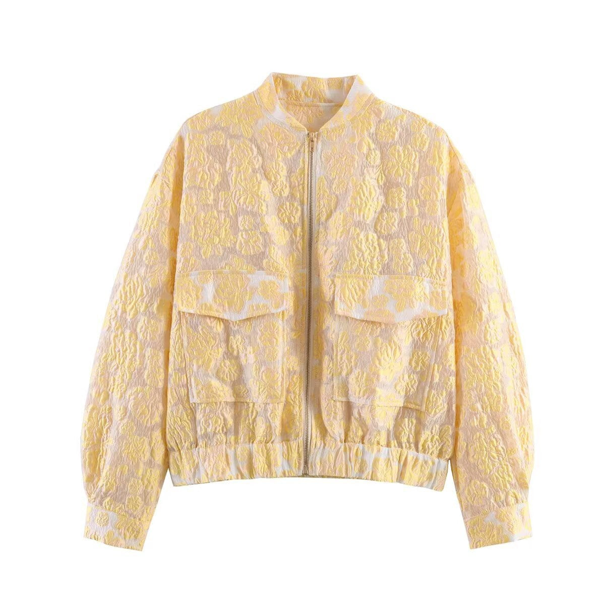 Women's Short Floral Jacquard Bomber Jacket with Zipper and Flap Pockets Chichicherry