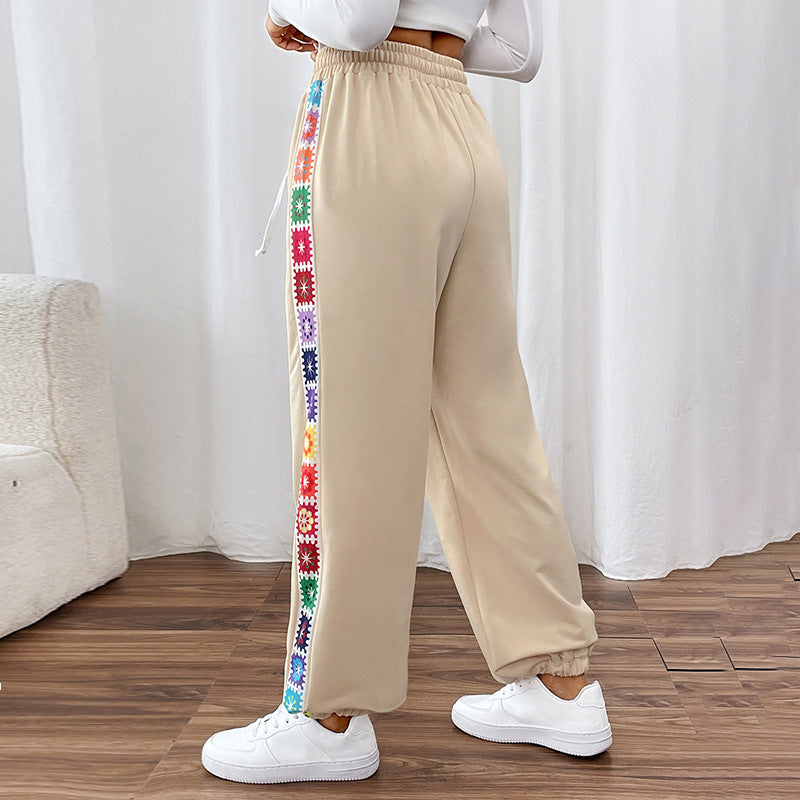 Women Loose Fit Jogging Pants with Elastic Waistband, Drawstring and Colorful Side Stripes Chichicherry