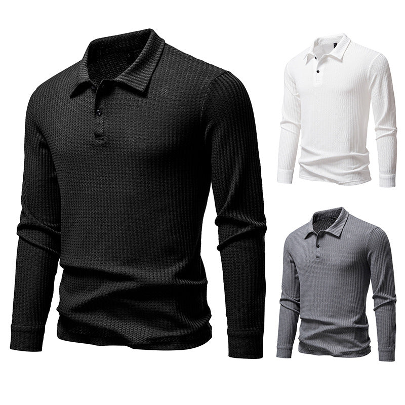 Men's Waffle Knit Polo Shirt with Half Button Placket and Shirt Collar Chichicherry