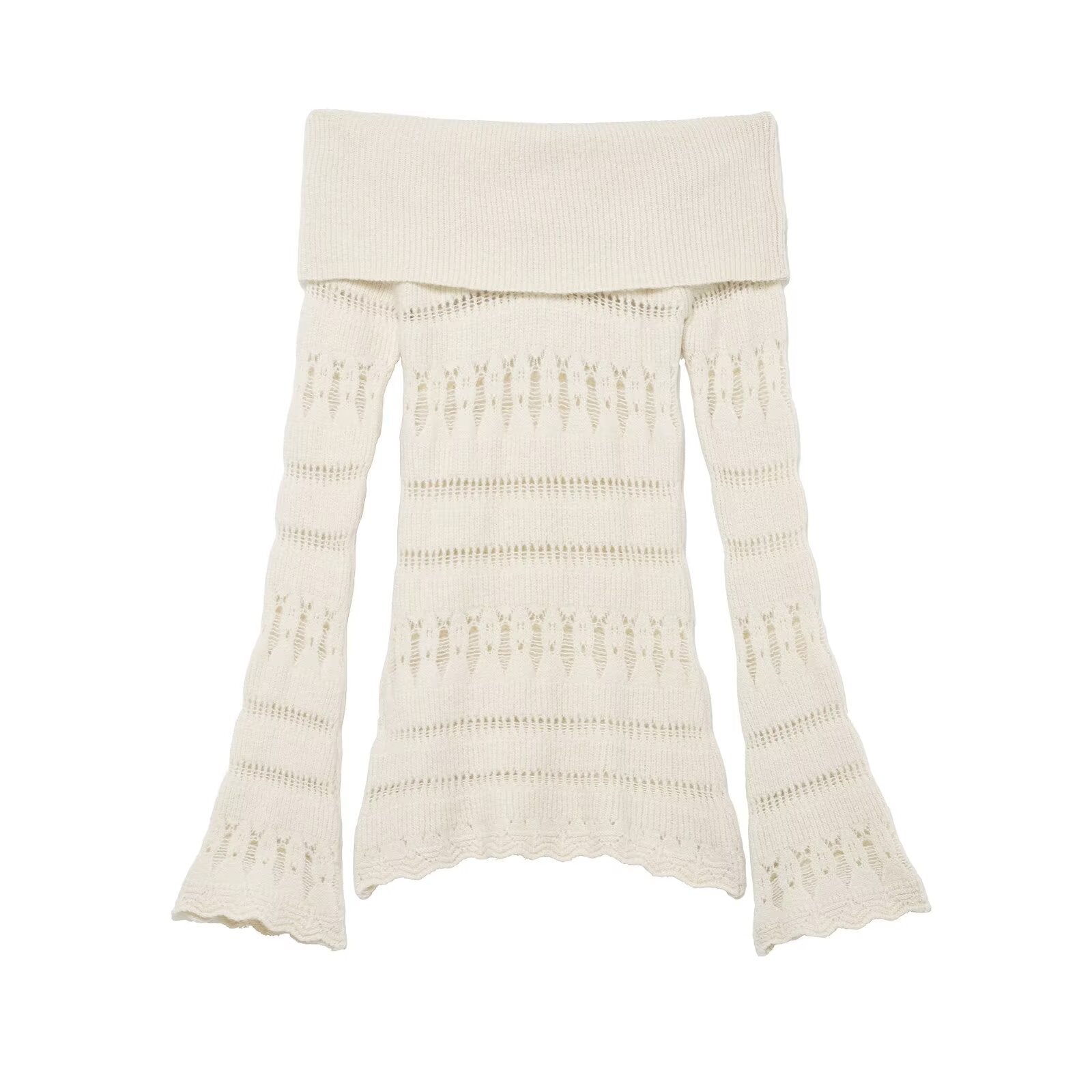 Women's Off-Shoulder Fine Knit Sweater with Folded Roll Neck and Bell Sleeves Chichicherry