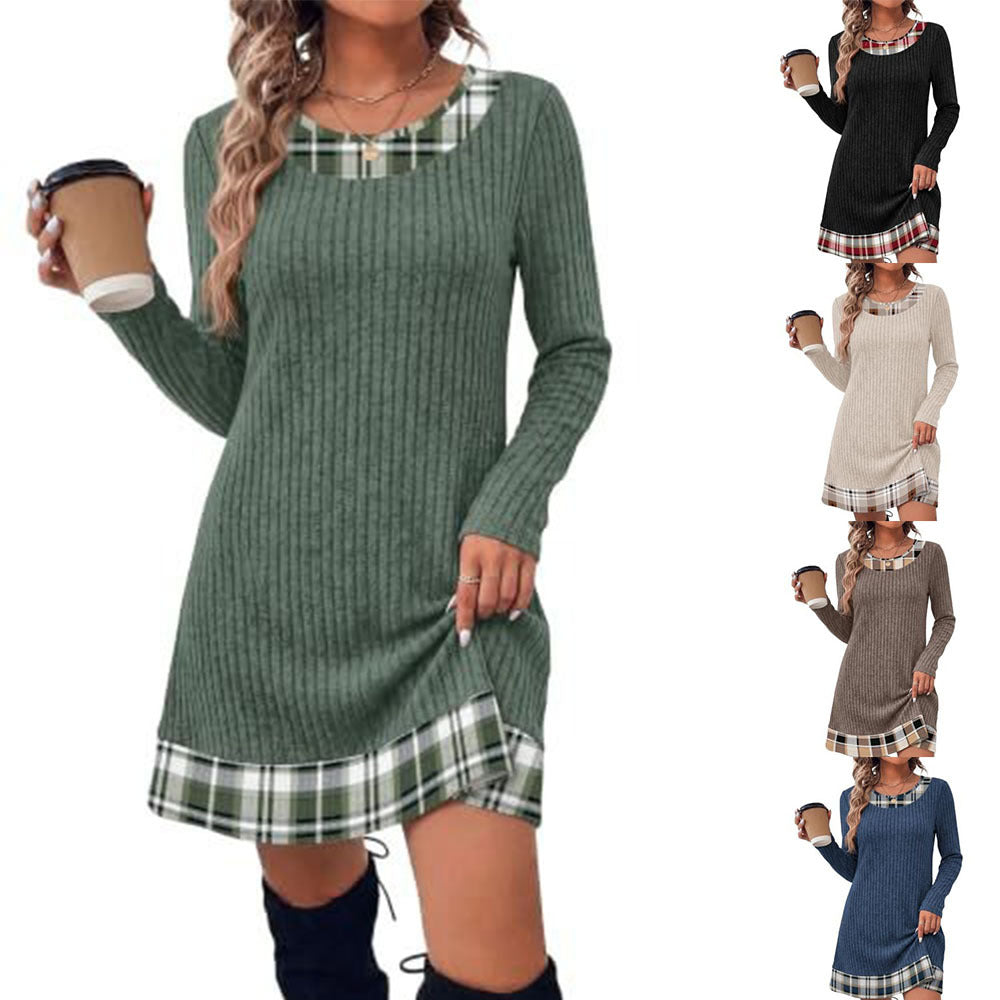 Women's Ribbed Long Shirt Dress with Checked Hem and Neckline Trim Chichicherry