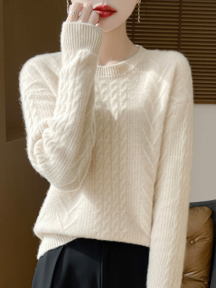 Women's Short Sweater with Cable Pattern, Round Neck and Cashmere-like Softness Chichicherry