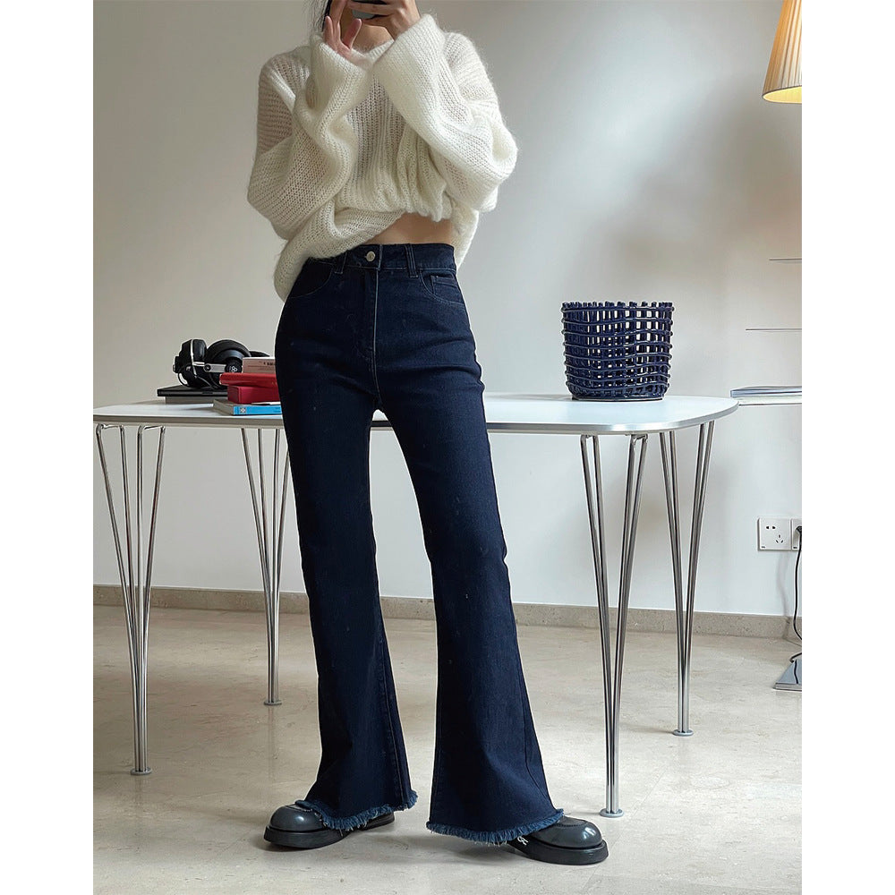 Ladies High-Waist Flared Jeans with Light Bootcut and Frayed Hem Chichicherry