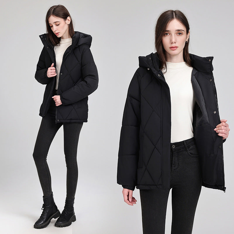 Women's luxury short puffer jacket with integrated wind protection collar and waist belt Chichicherry