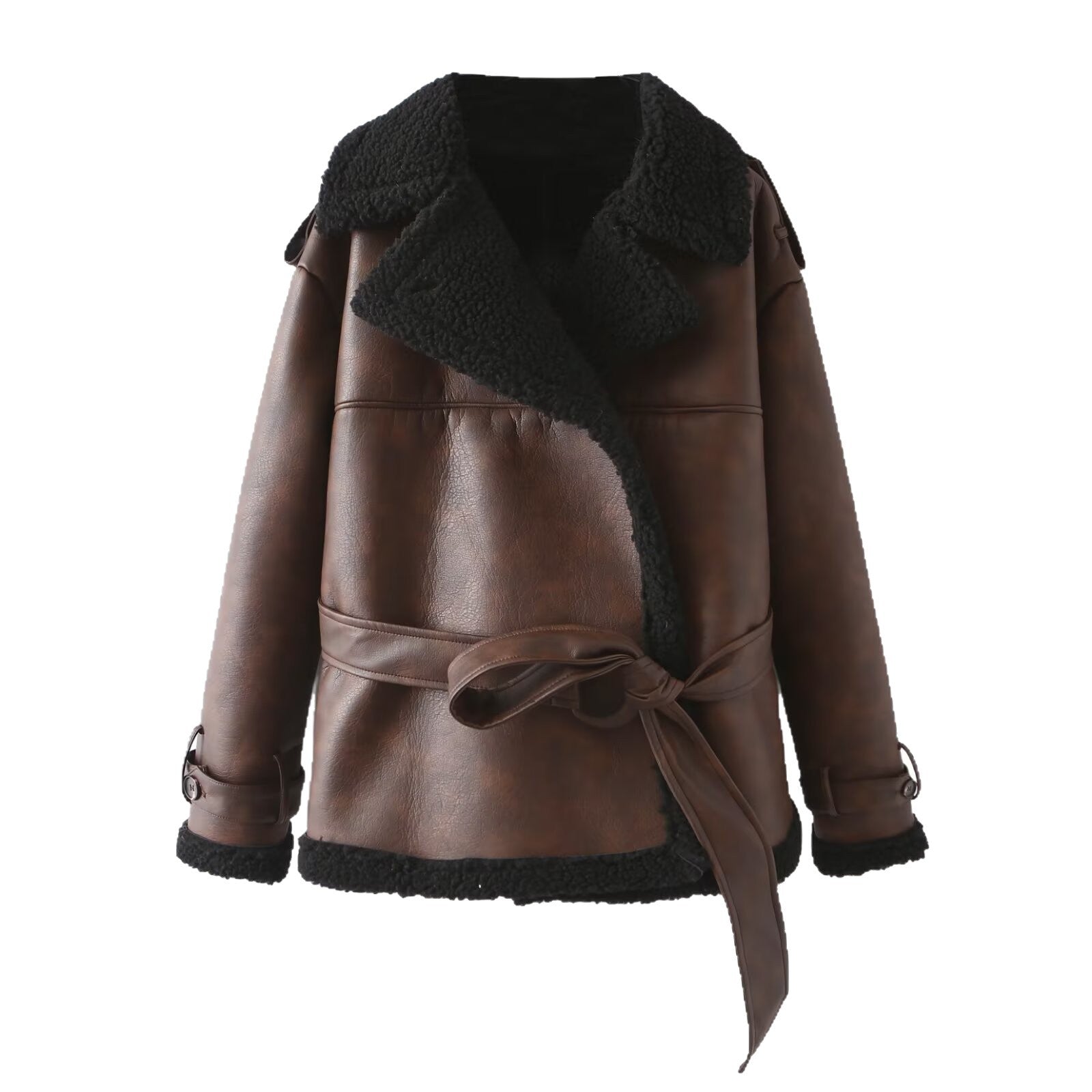 Women Tailored Aviator Coat made of Faux Leather with Teddy Lining and Tied Belt Chichicherry