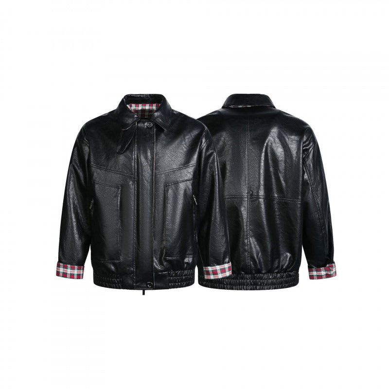 Men's faux leather blouson with check lining, zipper and elastic hem Chichicherry