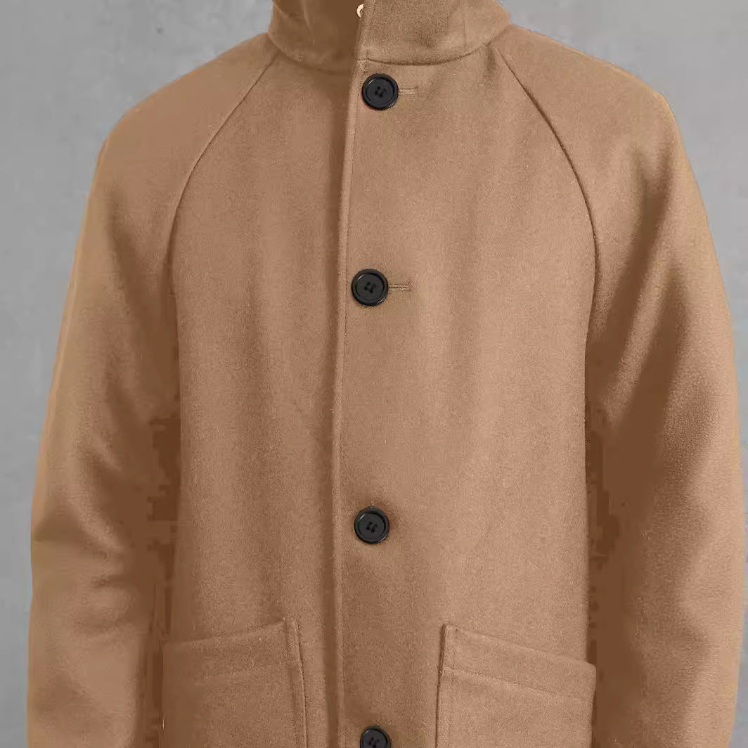 Men's hooded coat made of wool blend with straight silhouette, concealed button placket and large patch pockets Chichicherry
