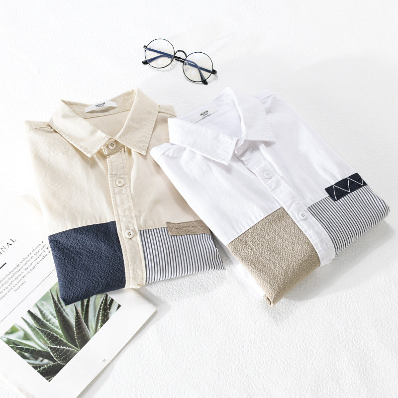 Men's Long-Sleeve Cotton Shirt with Contrasting Patch Details and Chest Pocket Chichicherry