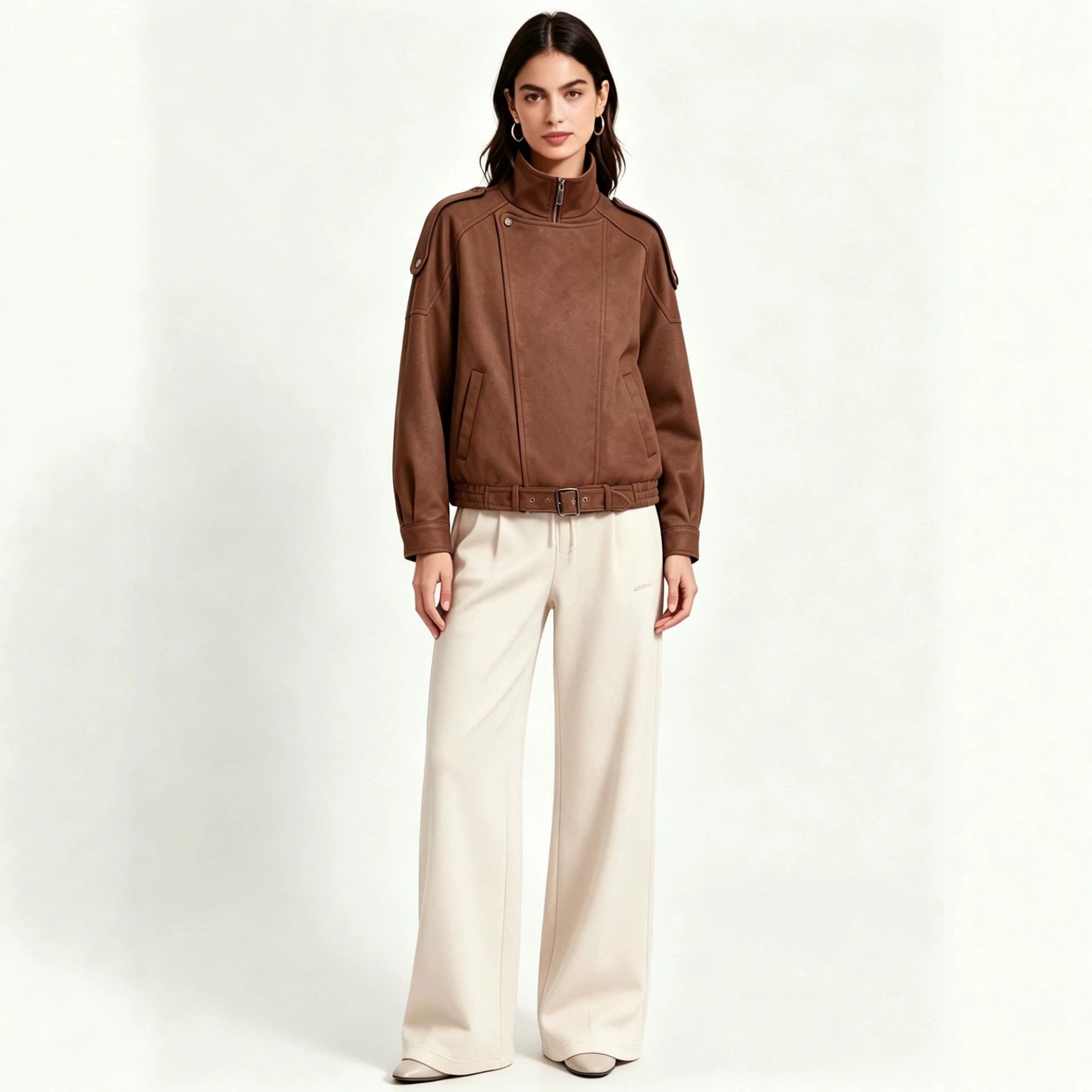 Women's Short Suede Look Bomber Jacket with High Stand Collar, Shoulder Epaulettes and Waist Belt Chichicherry