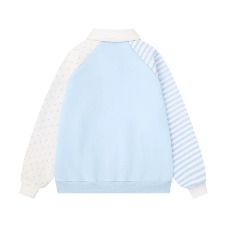Women's Long Sleeve Polo Sweatshirt in Patchwork Style with Contrasting Sleeves and Star Applications Chichicherry