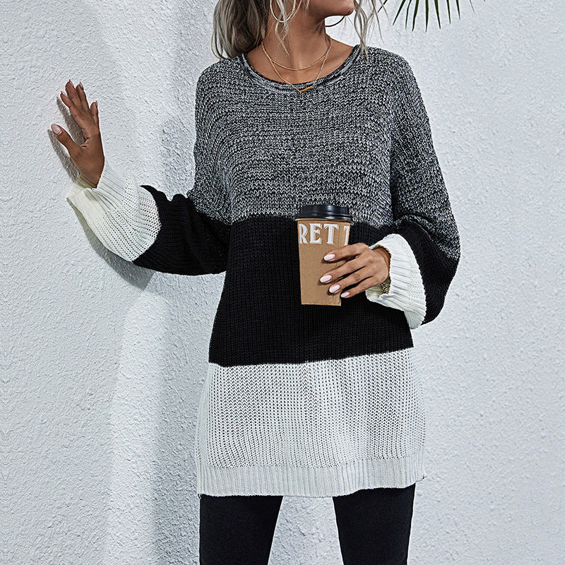 Women Oversize Knit Sweater with Colorblock Inserts, Round Neck and Tunic Silhouette Chichicherry