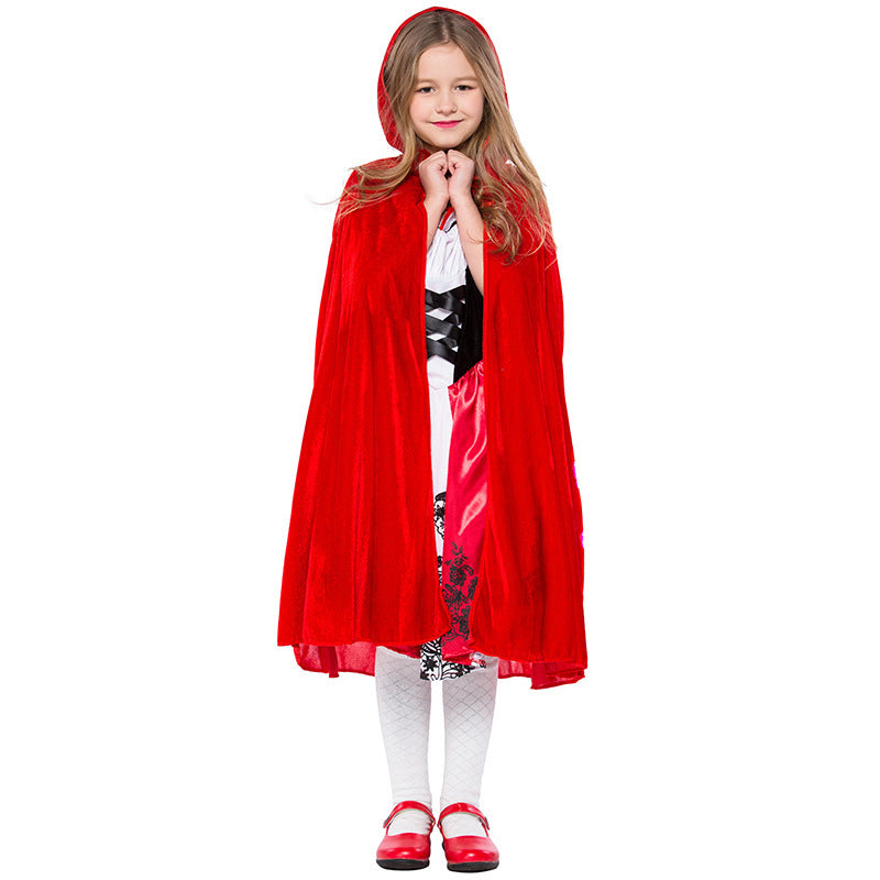 Girl Fairy Tale Little Red Riding Hood Costume with Cape and Ruffles Chichicherry