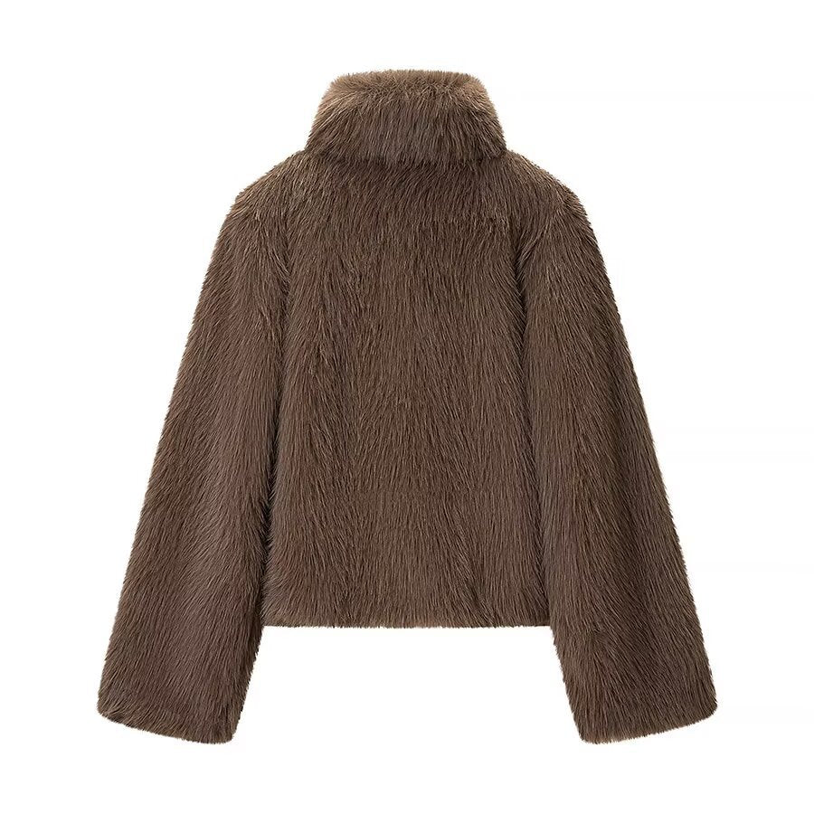 Women's Short Faux Fur Jacket with High Stand Collar and Oversized Silhouette Chichicherry