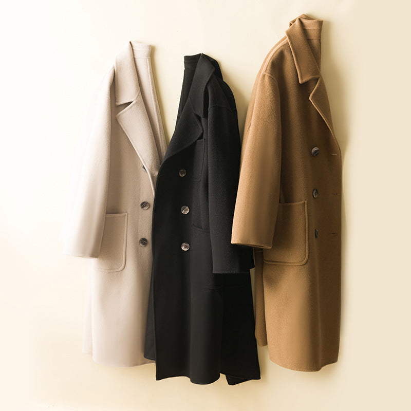 Women Oversized Double-Breasted Wool Blend Coat with Patch Pockets Chichicherry