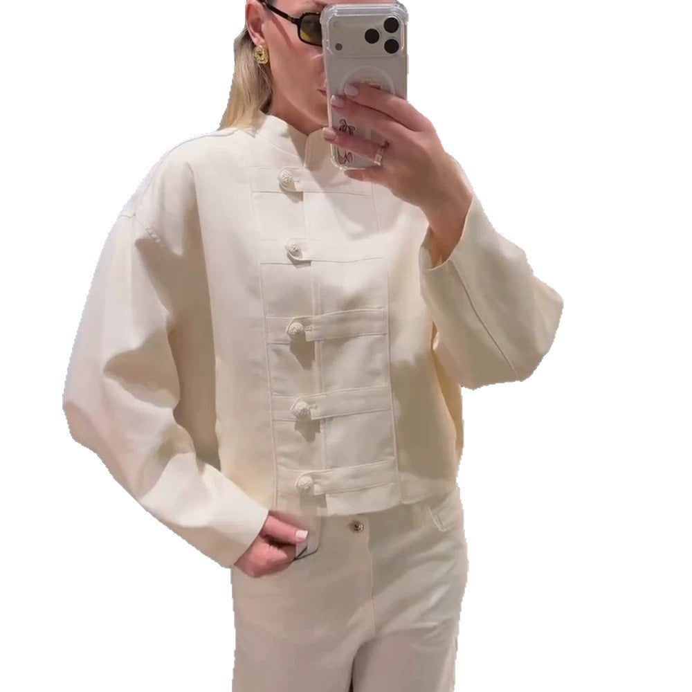 Women's Short Boxy Jacket with Mandarin Collar and Decorative Knot Button Placket Chichicherry
