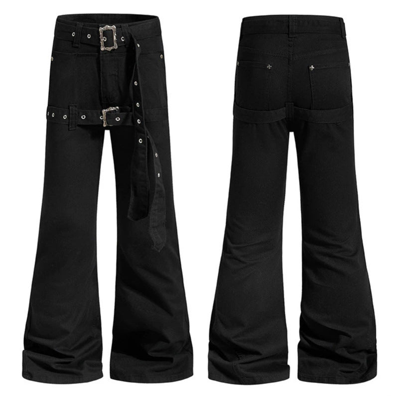 Women's High-Waist Flared Cargo Pants with Wide Leg, Double Belt and Metal Eyelets Chichicherry