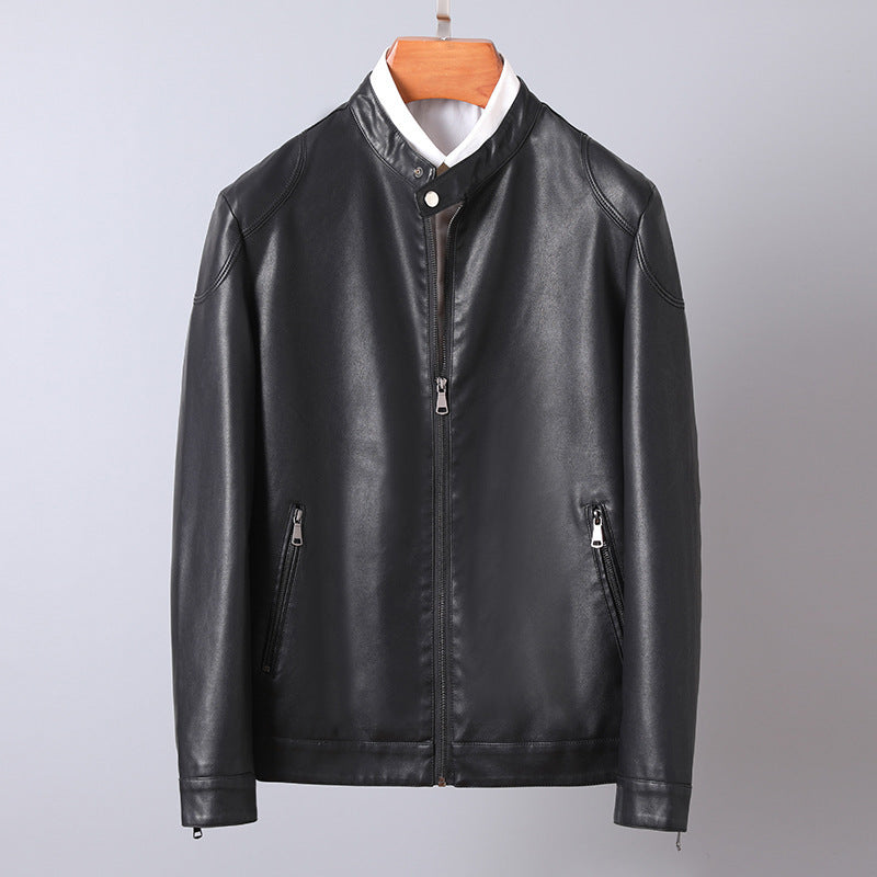 Men's Minimalist Faux Leather Blouson with Stand Collar and Side Zipper Pockets Chichicherry