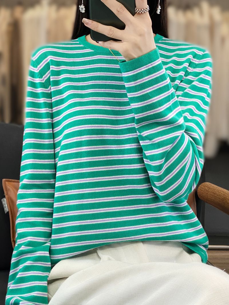 Women Lightweight Cotton Blend Striped Sweater with Round Neck, Raglan Sleeves and Casual Silhouette Chichicherry